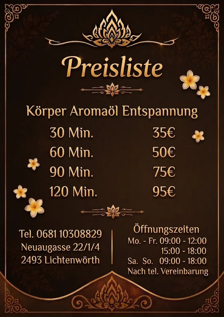 Gedruckte Preisliste mit allen Behandlungslängen